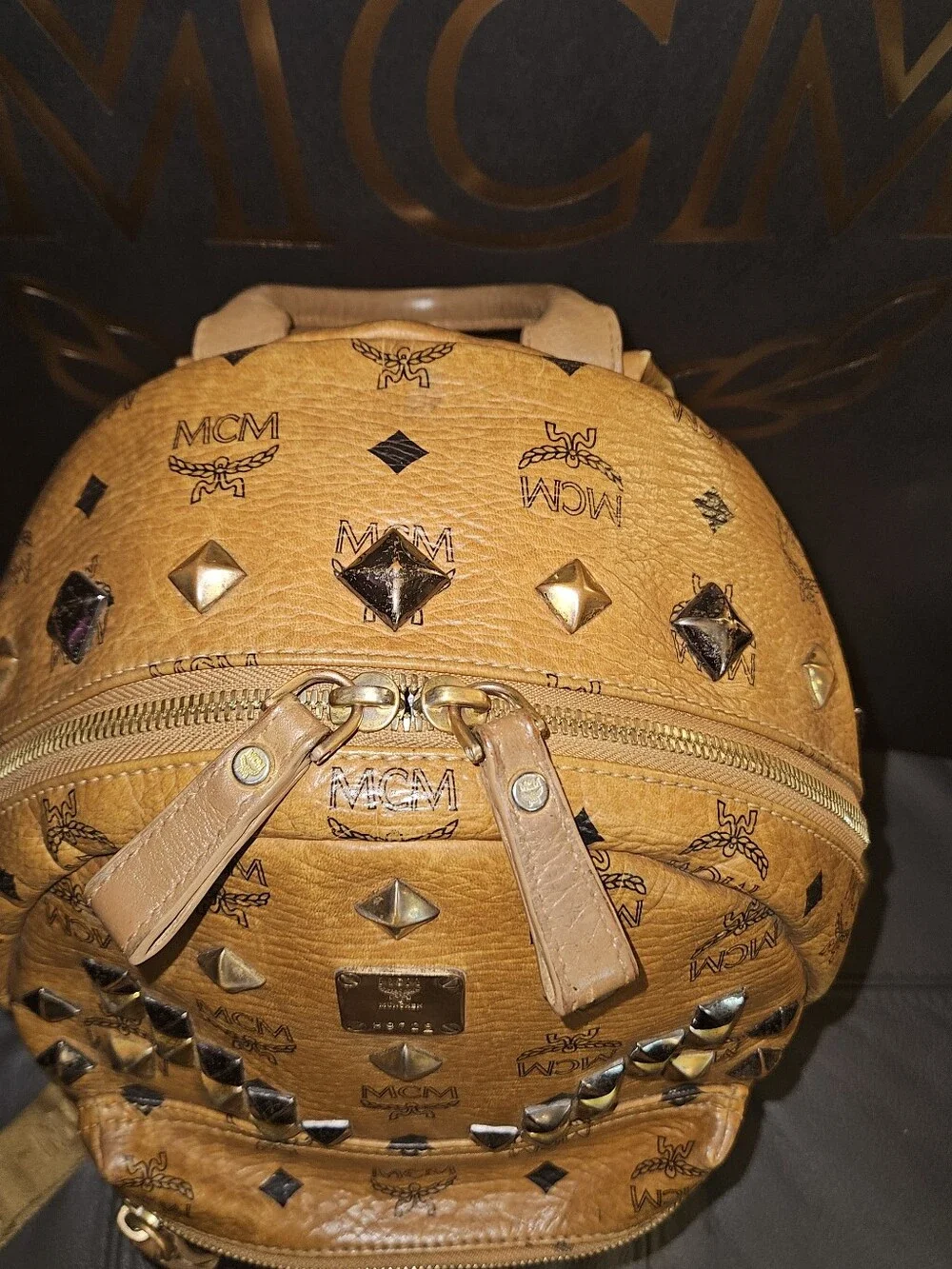 MCM Cognac Logo Studded Visetos Backpack with Gold Hardware